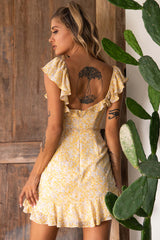 Thinkin' Bout You Ruffle Trim Waist-Tie Dress Floral Print Yellow