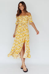 Voyager Off-Shoulder Bell Sleeve Midi Dress Floral Yellow