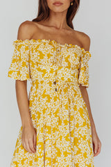 Voyager Off-Shoulder Bell Sleeve Midi Dress Floral Yellow