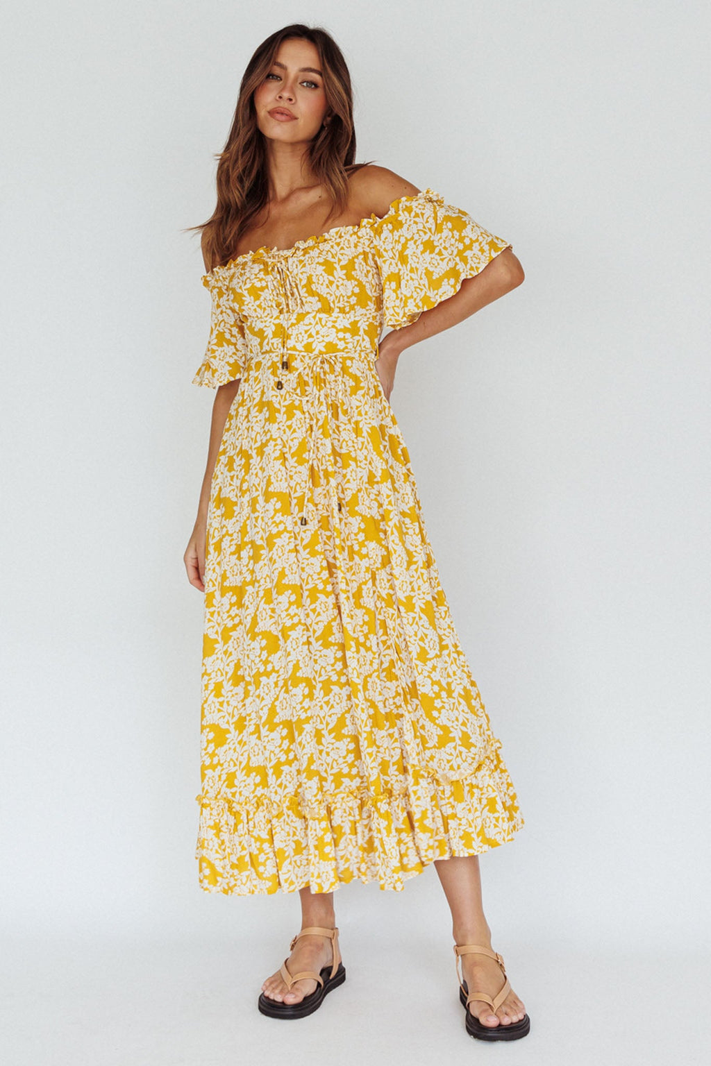 Voyager Off-Shoulder Bell Sleeve Midi Dress Floral Yellow
