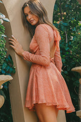 Just A Crush Long Sleeve Keyhole Back Dress Speckle Print Peach