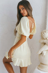 Catch Feelings Sweetheart Neckline Puff Sleeve Dot Trim Dress Yellow
