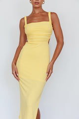 Dream Crush Lace-Up Back Side Split Midi Dress Yellow