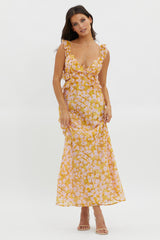 Second Chances Ruffle Trim Maxi Dress Flowers Yellow