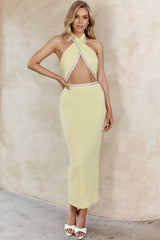Vanna Diamante Trim Halterneck Dress Lemon