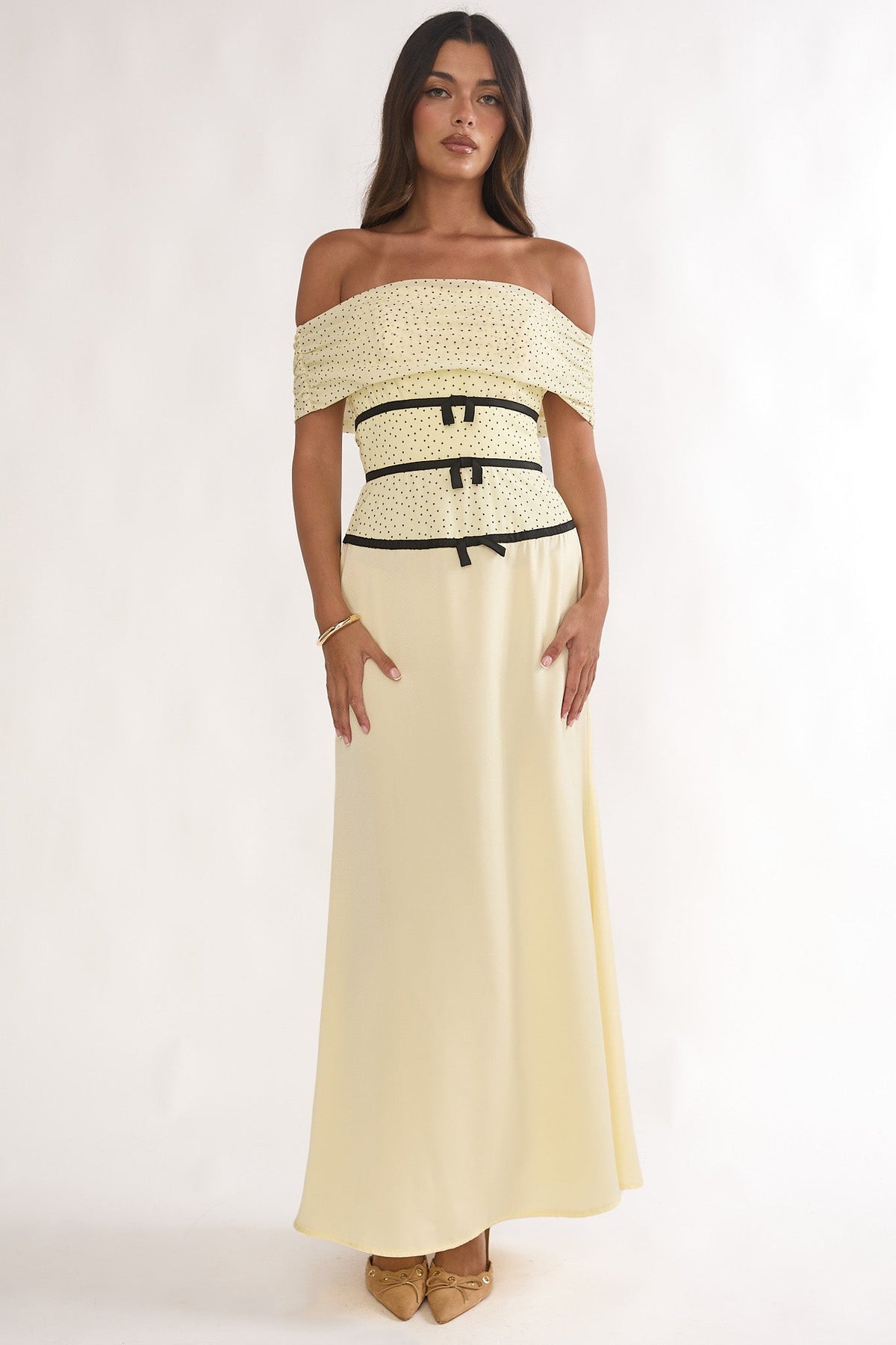 Begonias Off-Shoulder Bow Maxi Dress Spotted Lemon