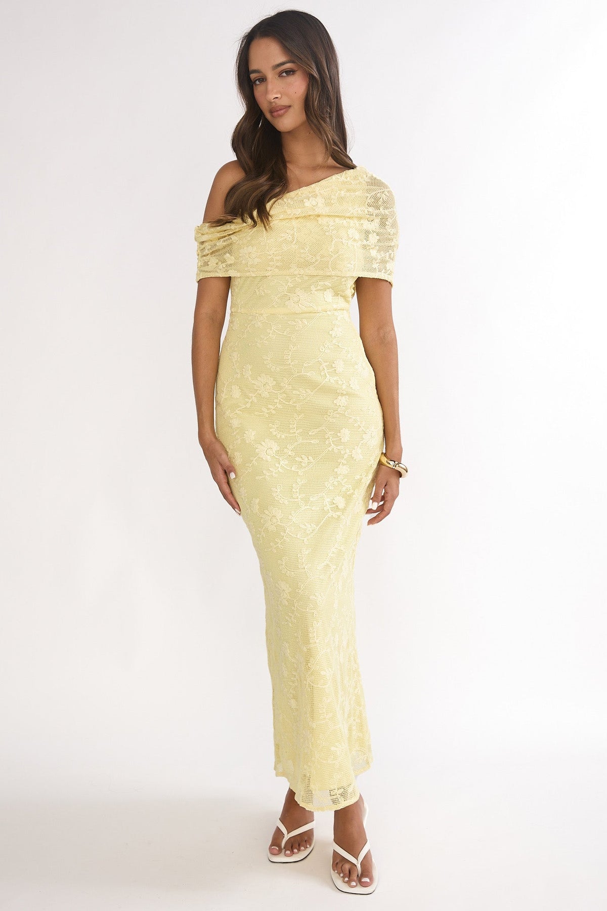 Elita Asymmetric Neckline Lace Maxi Dress Lemon