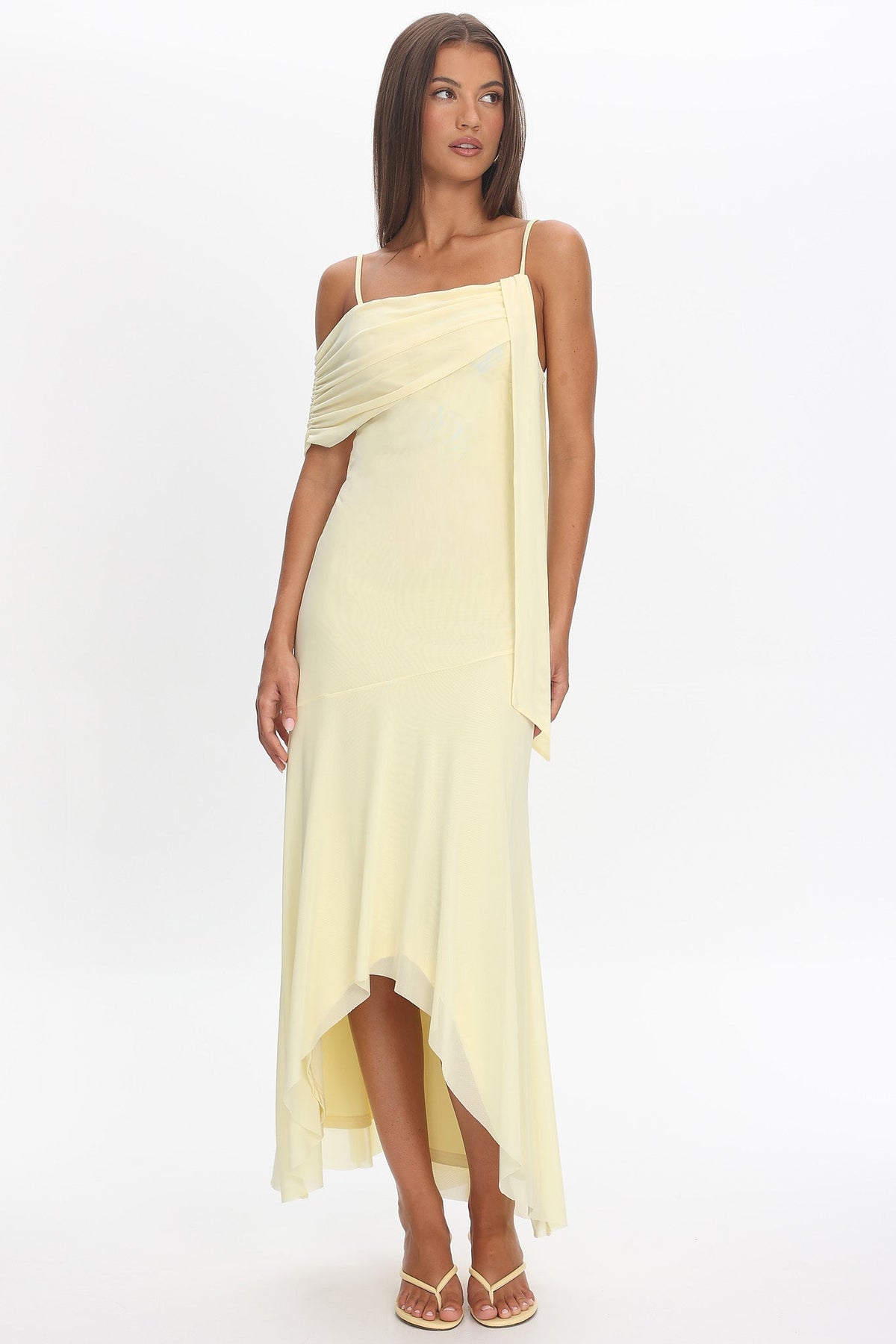 Millitah Asymmetric Hem Mesh Maxi Dress Butter