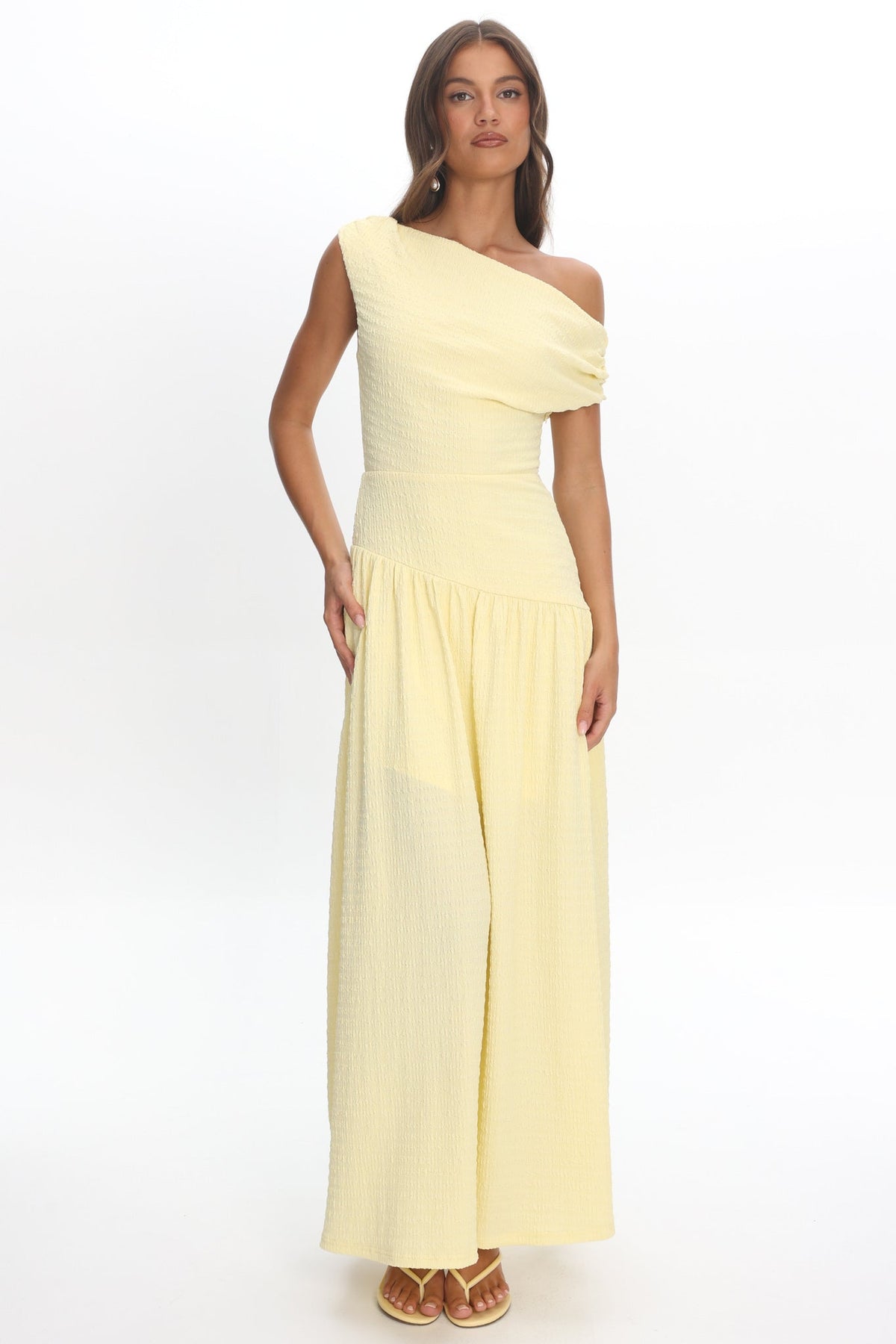 Kloe Asymmetric Shoulder Textured Maxi Dress Butter