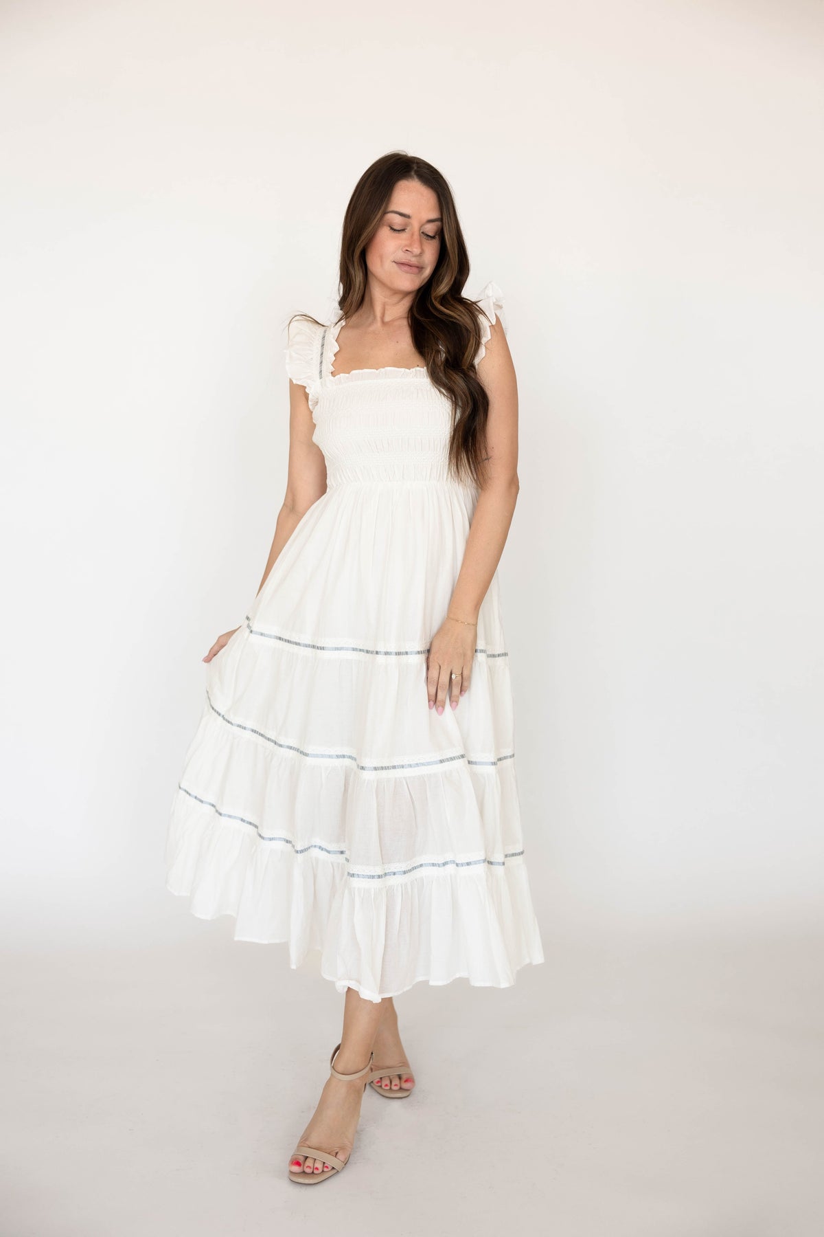 Celia White Smocked Midi Dress