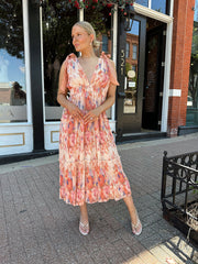Hannah Peach Floral Pleated Midi Dress