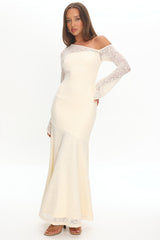Lylah Asymmetric Neckline Long Sleeve Maxi Dress Lace Butter