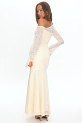 Lylah Asymmetric Neckline Long Sleeve Maxi Dress Lace Butter