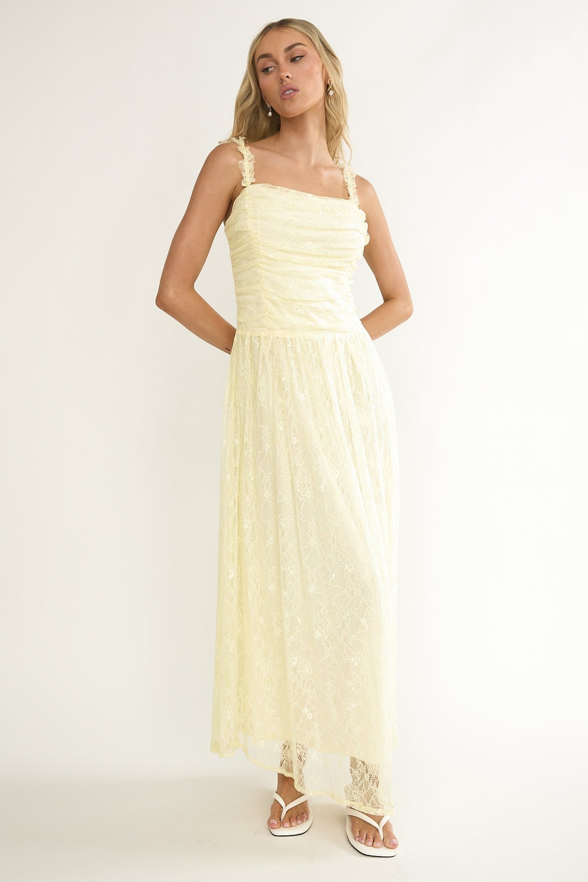Dahlin Frill Strap Lace Overlay Maxi Dress Butter