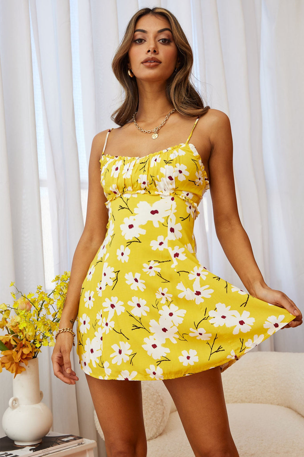 Sail Away Gathered Bust Frill Trim Summer Dress Floral Print Yellow