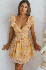 Lola Ruffle Shoulder Ruched Dress Floral Print Yellow