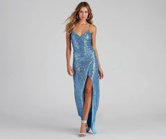 Spaghetti Straps Backless High Slit Slim Fit Sequin Gown - Blue
