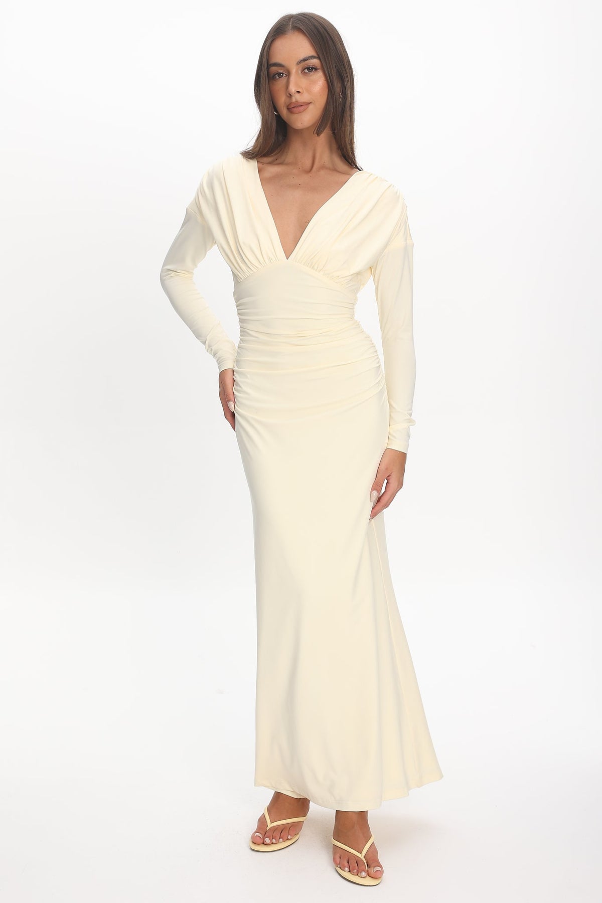 Gilded Long Sleeve Ruched Maxi Dress Butter