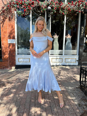 Raylin Blue Satin Off The Shoulder Midi Dress