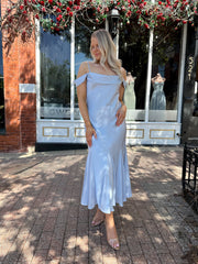Raylin Blue Satin Off The Shoulder Midi Dress