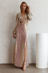 Inna Long Sleeve Cut-Out Maxi Dress Sequin Rose Gold