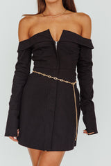 Tamra Long Sleeve Off-Shoulder Zip Dress Black