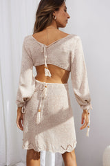 Out Of Office Long Sleeve Cut-Out Knit Mini Dress Beige