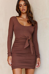 Falling For You Long Sleeve Ruched Bodycon Dress Brown
