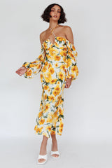 Nyree Long Sleeve Midi Dress Flowers Yellow