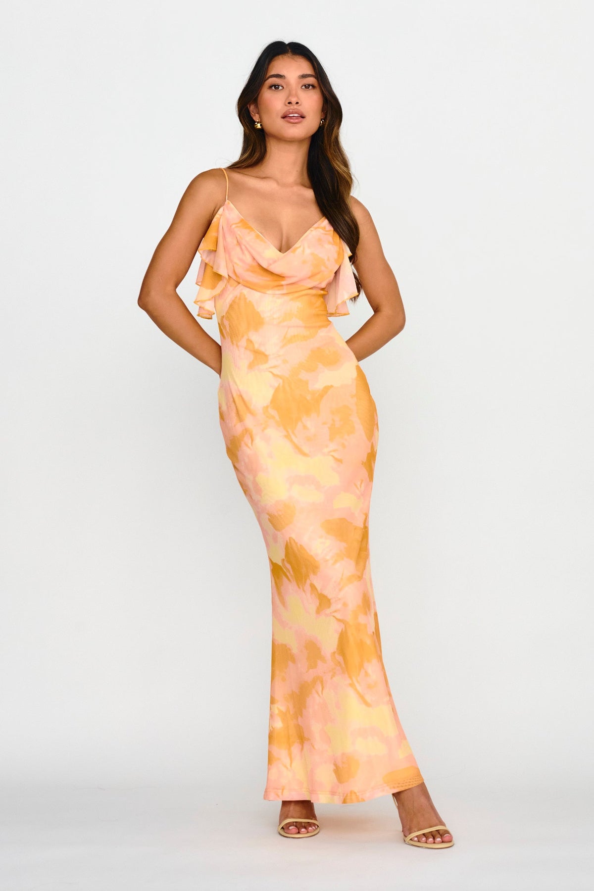 Jannie Draped Neckline Cami Dress Abstract Yellow