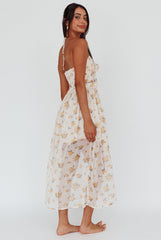 Los Feliz Tied Bust Halterneck Midi Dress Sheer Floral Yellow