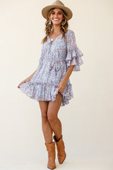 Forever Sunshine Flared Sleeve Waist Tie Dress Floral Print Blue