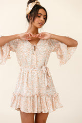 Forever Sunshine Flared Sleeve Waist Tie Dress Floral Print Nude