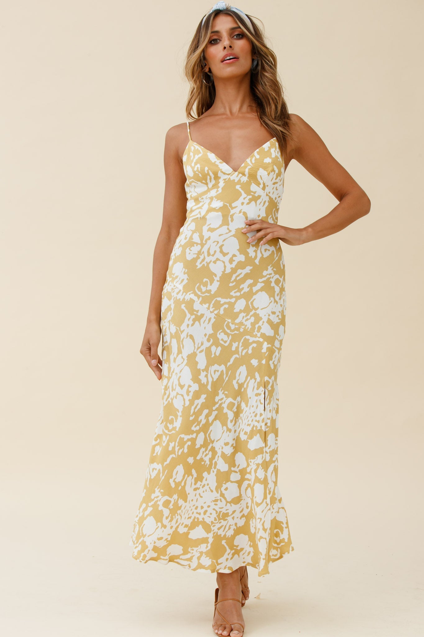 Downtown Cami Strap Front Split Midi Dress Stencil Print Mustard