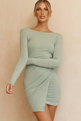 Thank Me Later Long Sleeve Open Back Ribbed Dress Olive