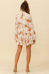Tamina Long Sleeve Frill Trim Dress Floral Print Tan