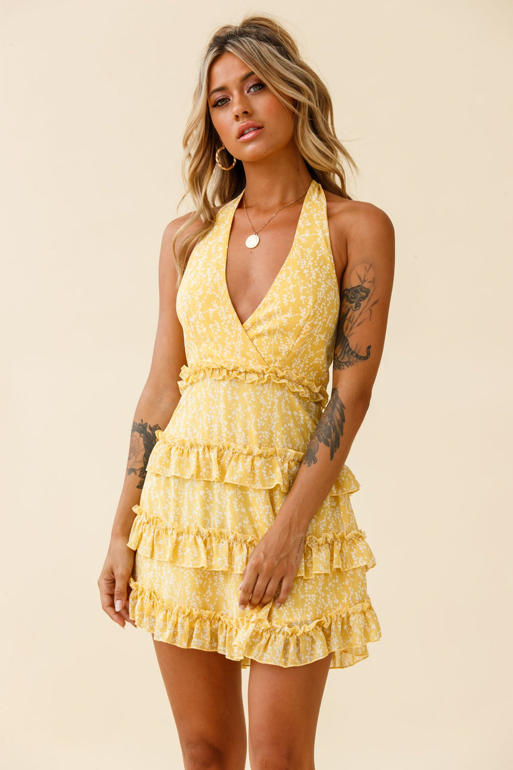 Venezuela Ruffle Trim Tie-Back Halterneck Dress Floral Print Yellow/White
