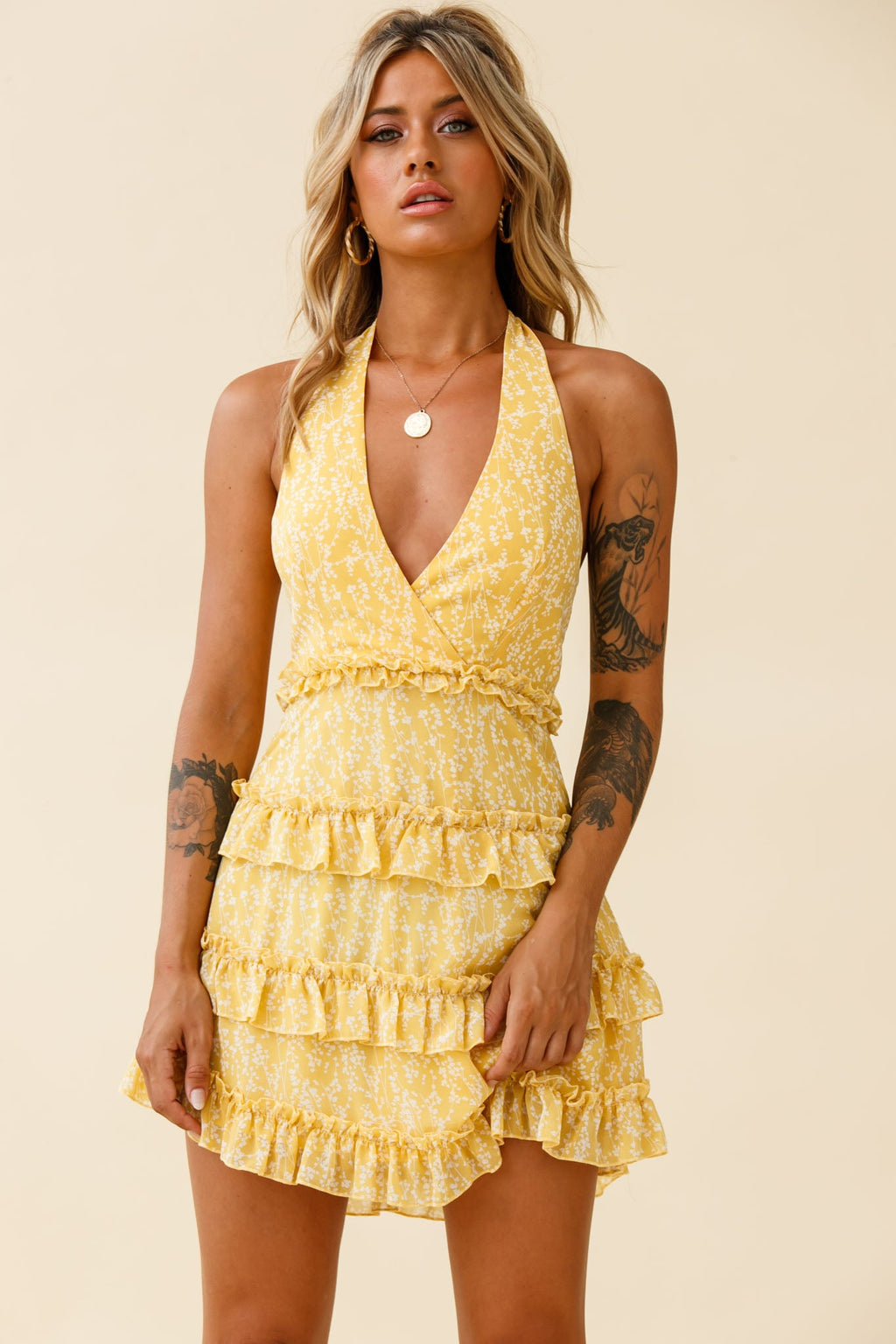 Venezuela Ruffle Trim Tie-Back Halterneck Dress Floral Print Yellow/White