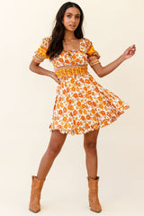 Summer In Paris Puff Sleeve Open Back Dress Floral Print Mustard Multi
