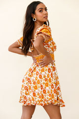 Summer In Paris Puff Sleeve Open Back Dress Floral Print Mustard Multi
