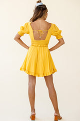 Summer In Paris Puff Sleeve Open Back Dress Mustard