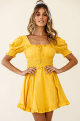 Summer In Paris Puff Sleeve Open Back Dress Mustard