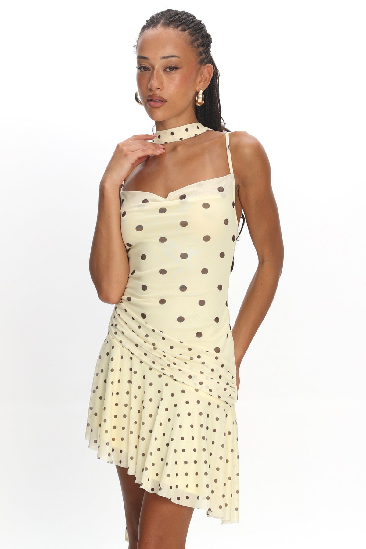 Anaisa Asymmetric Hem Mini Dress Polka Dot Butter