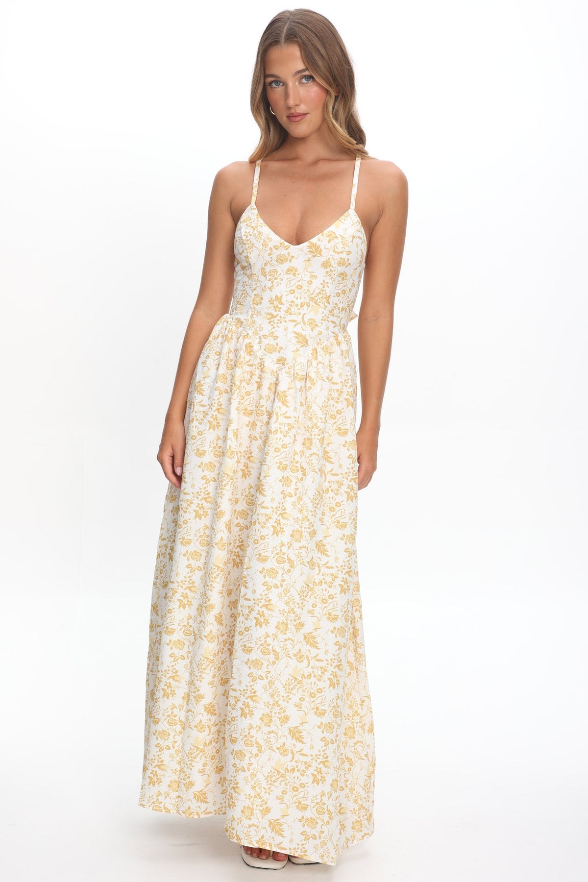 Enchanted Leaf Floral Print A-Line Maxi Dress Yellow
