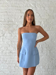 Telly Blue Strapless Tailored Mini Dress