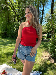 Hailey Red Halter Neck Ribbed Top