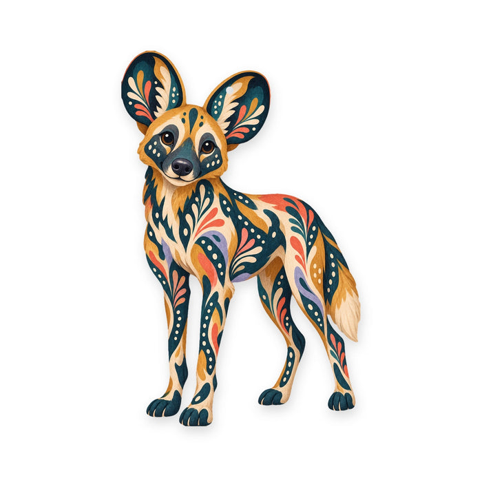 African Wild Dog folk art ornament O359 on white, laser-cut maple wood, made in USA