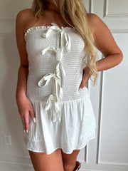 Amiya White Smocked Bow Tie Strapless Mini Dress