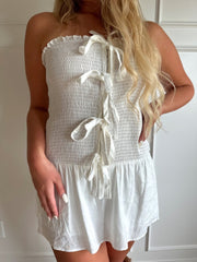 Amiya White Smocked Bow Tie Strapless Mini Dress