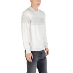 Image 3 : Pull col rond Antony Morato homme coloris blanc écru, coupe droite et bande graphique grise, modèle porté sur fond blanc — 9yvwh4-xt